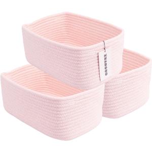Small Woven Storage Baskets 12X8X5 Decorative Rope Bins for Organizing Shelves, Closets, and Toys, Empty Gift Baskets, Cute Organizer Basket for Home and Office (Pink, Regular)