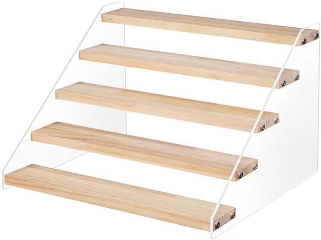 5 Tier Acrylic Wooden Display Stand, Clear Acrylic Display Riser Shelf Wood Tiered Display Shelf Rack Step Ladder Riser Stands for Cupcakes Perfumes Figures Collectibles