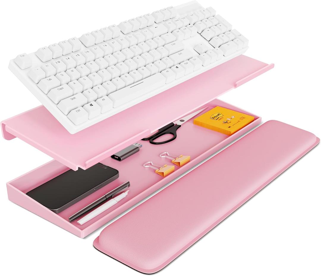 Laborio Computer Keyboard Stand with Storage Box, Keyboard Riser Wrist Rest for Desktop, Office Desk Organizer Accessories(Pink)