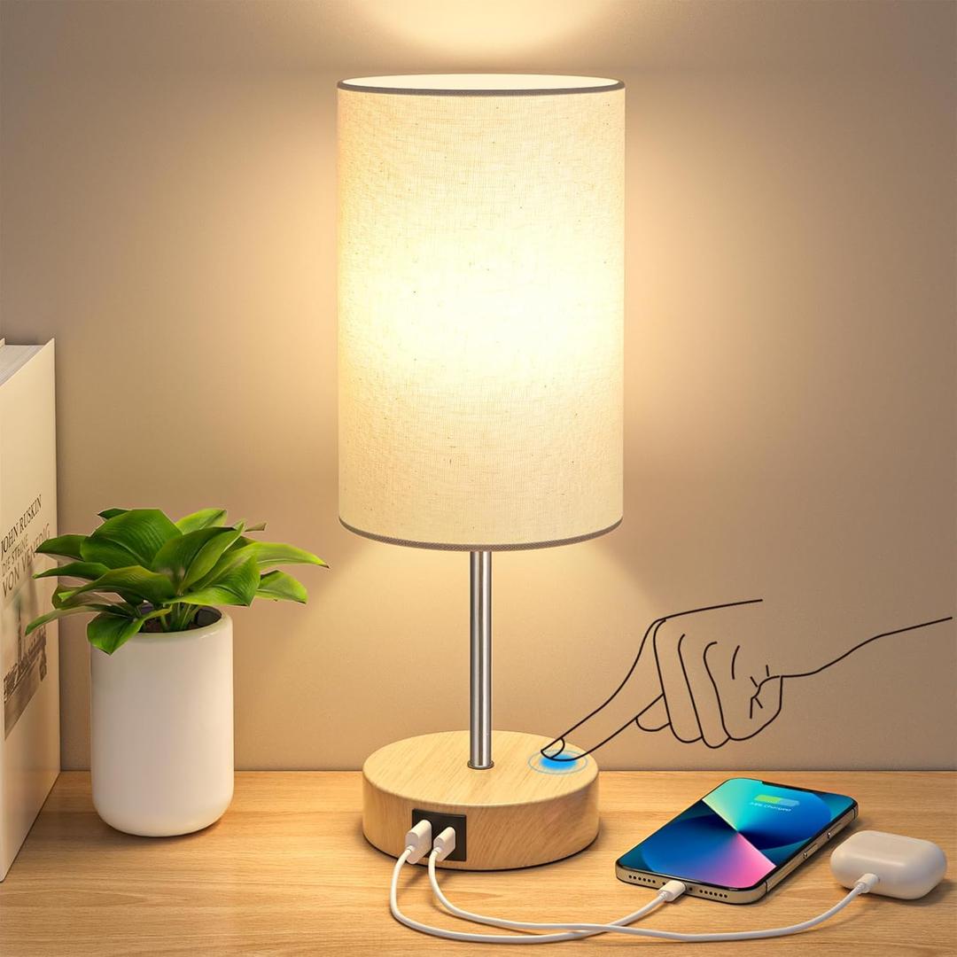 AKASUKI Table Lamp for Bedroom, 3 Way Dimmable Touch Lamp with Dual Charging Station, Small Bedside Lamps for Night Stands, Living Room, Office(LED Bulb Included) (14.25 in, Cream Shade-Wood Base)