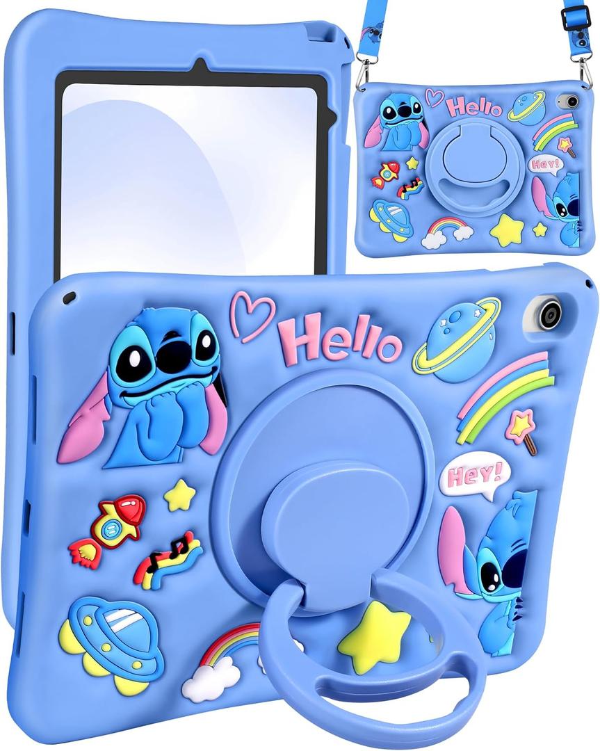 for iPad 11th A16 Case 11 inch - for iPad 10th Gen 10.9 inch Soft Silicone Cute Cartoon Tablet Case with Rotating Stand & Detachable Shoulder Strap, Shockproof for Kids Boys Girls, Blue
