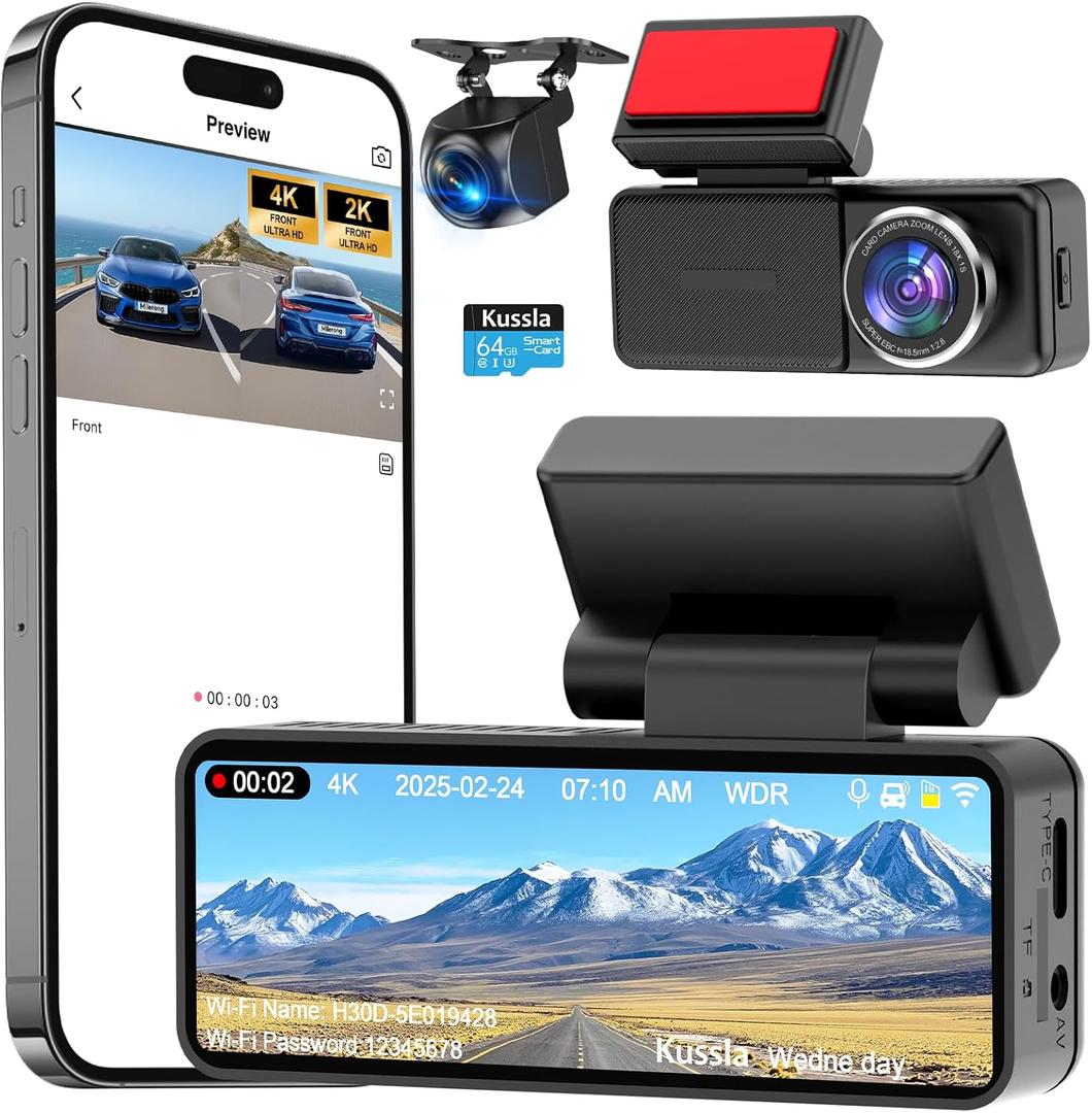 4K Dash Cam Front and Rear, 4K+2K Dash Camera for Cars with 5GHz WiFi & APP Control 64GB Included, 3.2" IPS Screen Dual Dashcam 24H Parking Monitor G-Sensor Night Vision Loop Recording