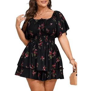 SCOMCHIC Women Plus Size Romper Dress Summer Short Jumpsuit Square Neck Puff Sleeve High Waist Ruffle Boho Jumpsuits (3XL)