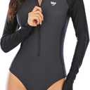 Century Star Long Sleeve Swimsuits for Women Rash Guard UPF Surfing Teen Girls One Piece Modest Full Coverage Bathing Suit (12-14, Black Grey)