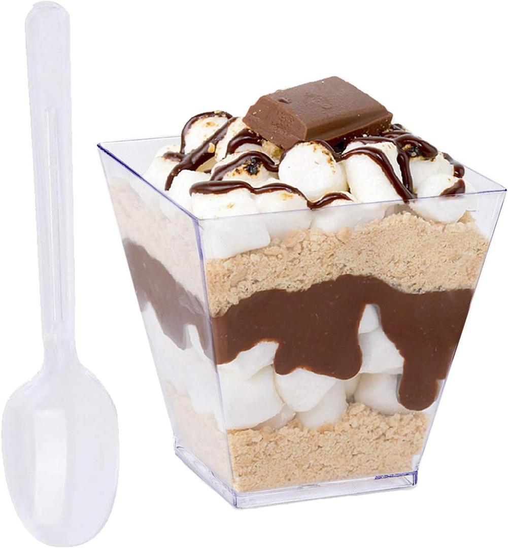 Tosnail 80 Pack 7 Oz Capacity Square Clear Plastic Dessert Tumbler Cups with 100 Spoons