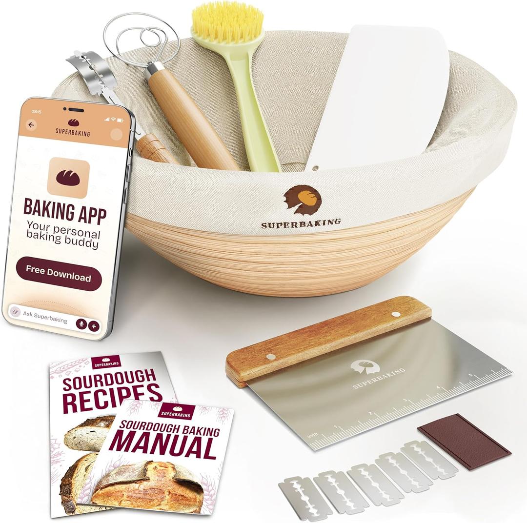 Superbaking Banneton Bread Proofing Basket, Sourdough Bread Baking Supplies, Round 9 Inch Sourdough Starter Kit, Proofing Basket for Baking, Bread Making Supplies Tools, Banneton Basket Gift Set