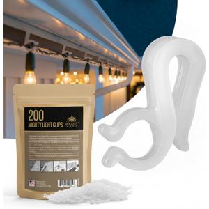 Holiday Joy 200 PCS of Mighty Clip Hooks for Outdoor String Lights - Quick & Easy Installation Christmas Lights Clips for Shingles & Gutters - Patent Design String Light Hooks - Made in USA