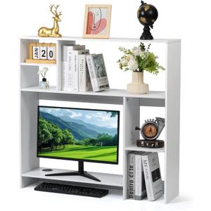 Modern Wooden Desktop Bookshelf Hutch, White Desk Organizer with 7 Shelves for Computer Desk, Vertical Storage for Small Desks, Home Office, Dorm, L 37" x W 9.4" x H 36.8"