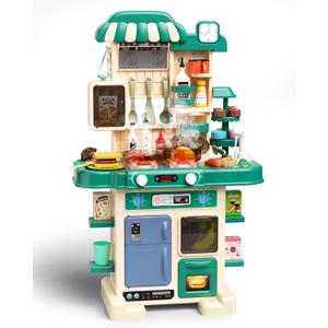 Kitchen Playset for Boys & Girls, Kid Play Kitchen with Realistic Lights & Sounds, Spray Sink Toy Kitchen Accessories, Pretend Food Toys Kitchen for Toddlers Age 1-3(Green)