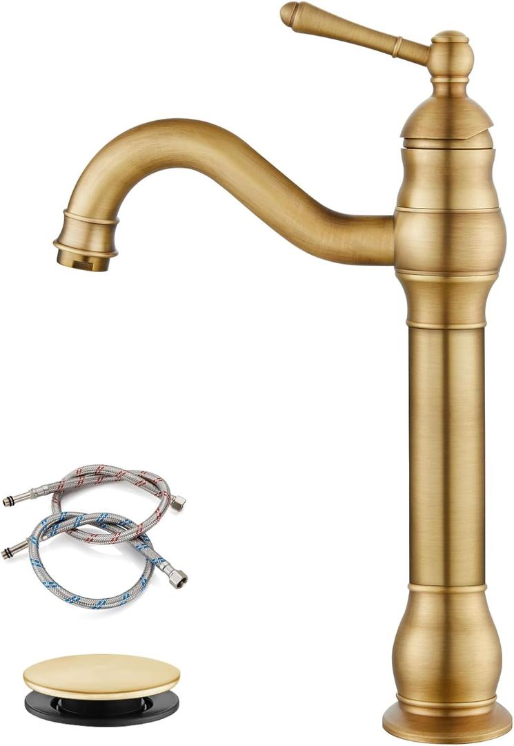 gotonovo Single Handle Vessel Sink Faucet 360 Swivel Bathroom Faucet One Hole Farmhouse Lavatory Vanity Faucet Bowl Sink Mixer Tap with Pop Up Drain, Antique Brass