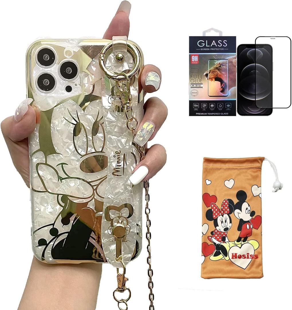Cartoon Case for iPhone 12 Pro Max 6.7''with HD Screen Protector, Minnie Mouse with Wrist Strap Kickstand Metal Chain Strap Soft TPU Shockproof Protective for Girls Women