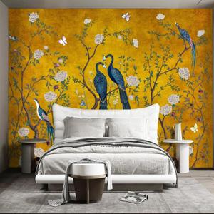 Golden Chinese Style Flowers Birds Large wall murals Peel and Stick Wallpaper for Bedroom Living Room - 58"x80"