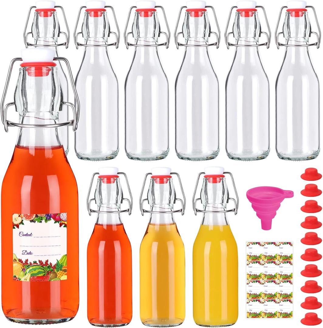 SZUAH 8 oz Swing Top Glass Bottles 10Pack, Reusable Flip Top Glass Bottle for Kombucha, Home Brewing, Beer, Beverage Storage(240ml, Set of 10)