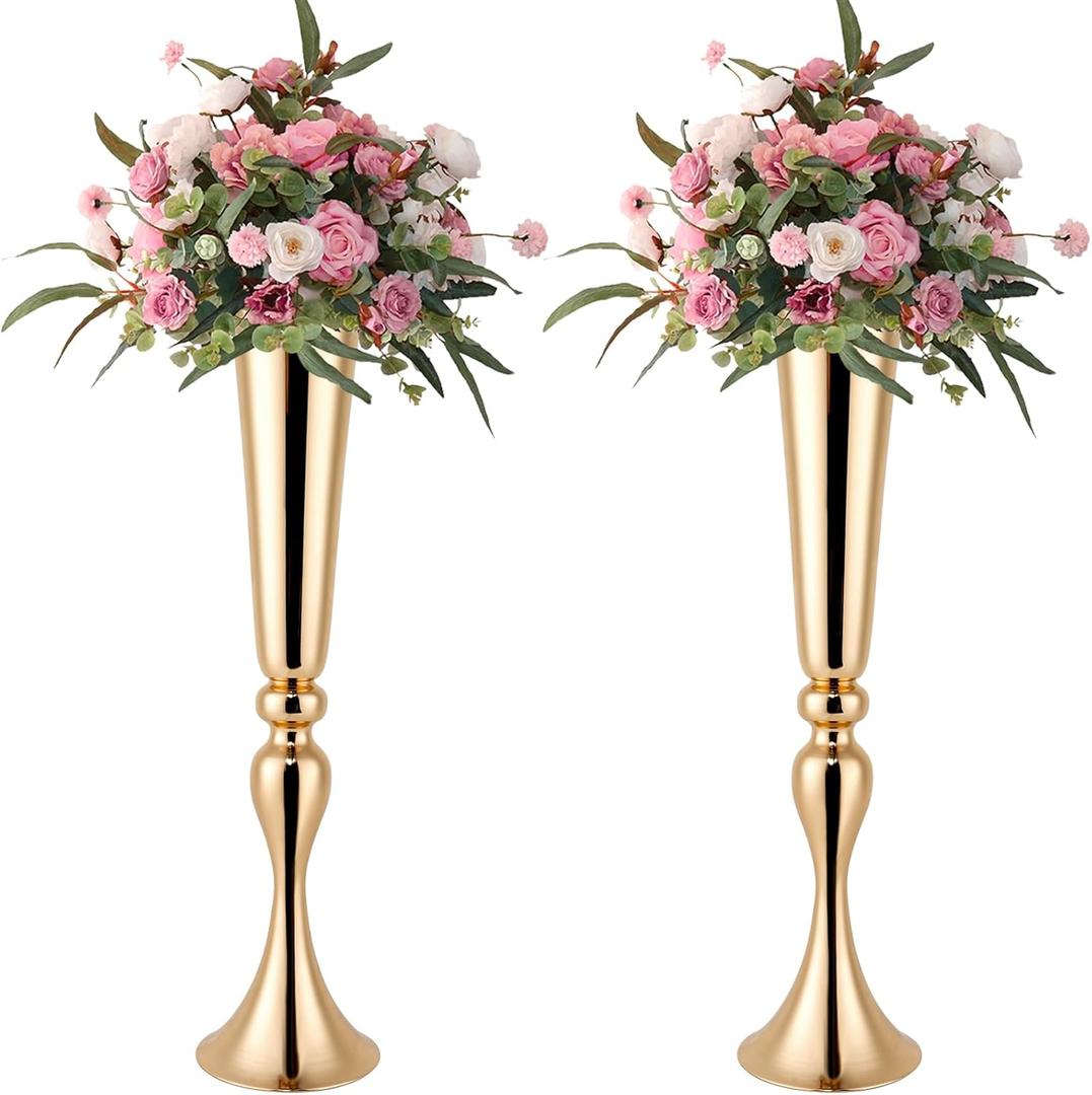 Gold Vase for Wedding Centerpiece, 2Pcs Metal Trumpet Vase 22" Tall Flower Stand for Wedding Table Centerpiece Decoration Floral Arrangement for Reception Bridal Party Decor