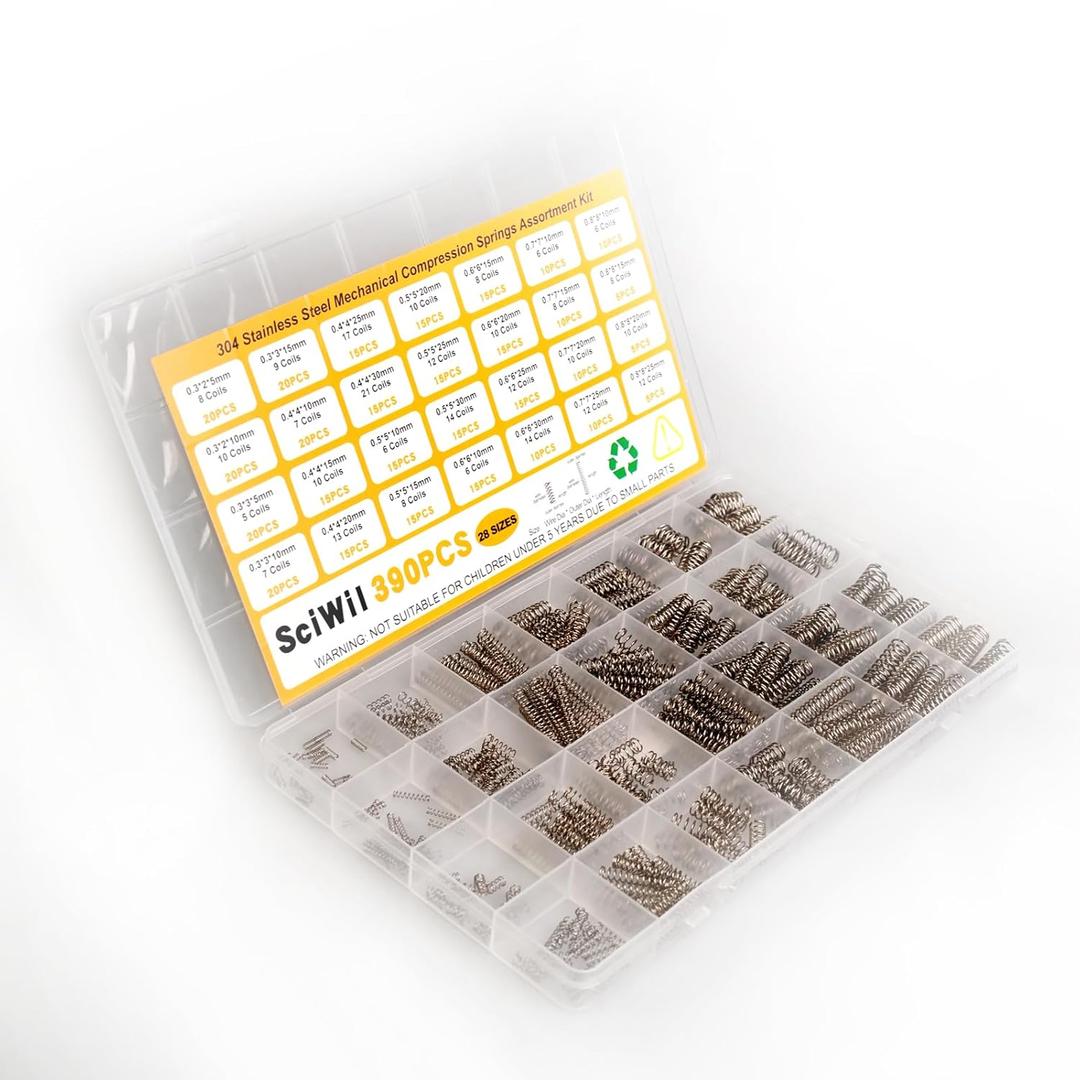 390-Piece Compression Spring Assortment Kit, 28 Sizes Small Springs Set, Stainless Steel Rust-Resistant Mechanical Mini Springs for Hobby Crafting and DIY Repair Project