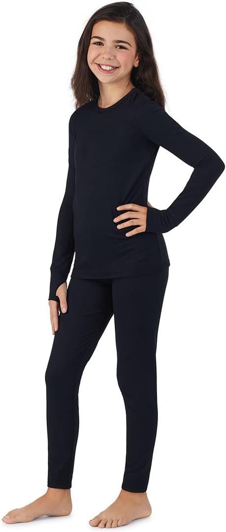 Cuddl Duds Girls Heavyweight Cold Weather Fleece Lined Thermal Set  Long Sleeve Shirt & Leggings  Long Johns for Kids (Medium, Black)