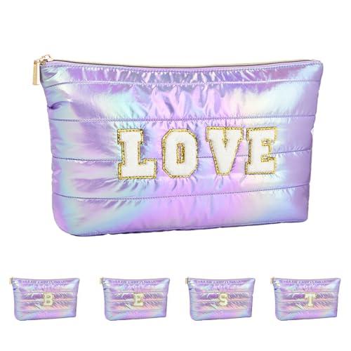 ARISTOTE Personalized Initial Quilted Makeup Bag, Large Cute Cosmetic Bag, Cotton Iridescent Travel Toiletry Organizer Bags, Gifts for Girl Girlfriend Teen Girls Gift Trendy Stuff (LOVE, purple)
