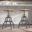 Industrial Vintage Counter Stool, Kitchen Counter Height Adjustable Swivel Chair, Metal Frame Stool, 20.47-26.77 Inch, Fully Welded Base, Set of 2, Brown Wood