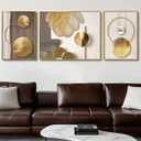 Azartslr Large Framed Modern Rose Gold Wall Art, Luxury 3 Pieces Aluminum Alloy Wall Decor for Living Room, Abstract Gold and Beige Home Bedroom Art Painting, Geometric Crystal Porcelain Artwork Dining Room Pictures Decoration