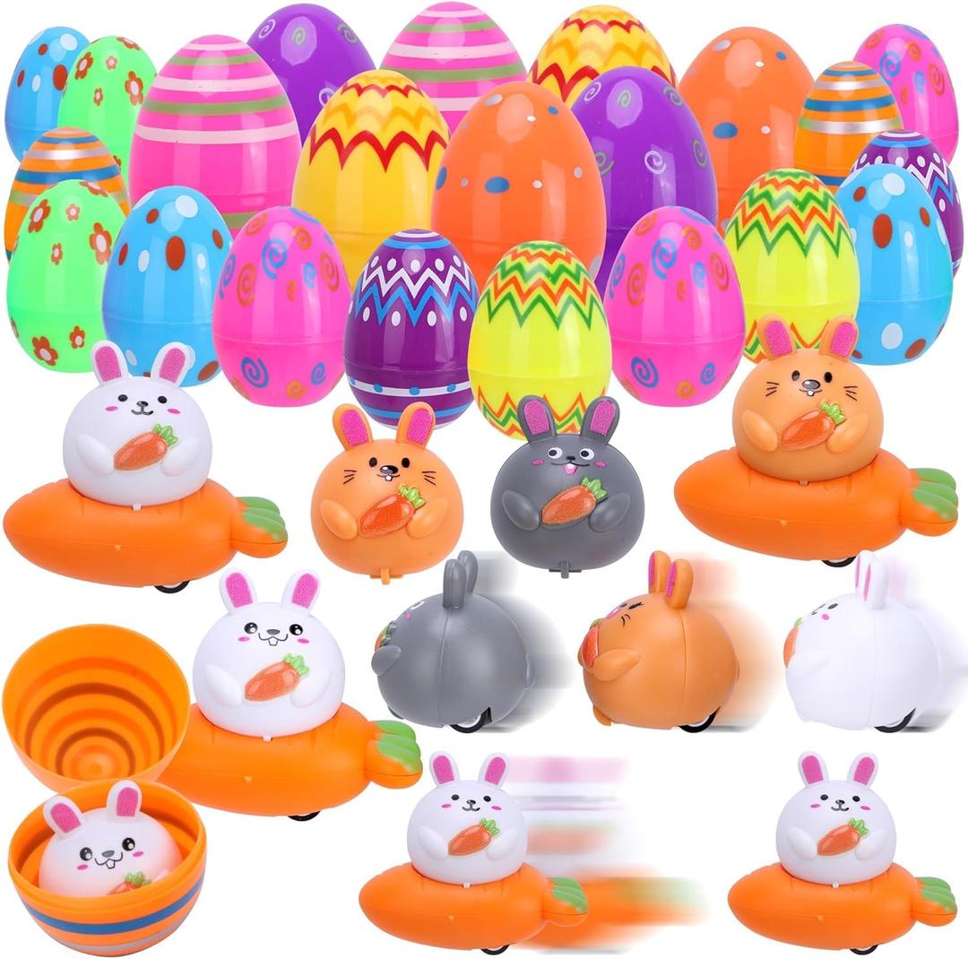 12 Pack Prefilled Easter Eggs With Toys, Pull Back Rabbit Carrot Car Easter Basket Egg Hunt Stuffers, Pre Filled Easter Eggs Fillers for Kids Gifts Party Favors, Goodie Bag Stuffer, Easter Prizes