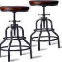 LOKKHAN Vintage Industrial Bar Stool - Rustic Swivel - Round Wood Metal - Kitchen Counter Height Adjustable - Pipe Stool - Cast Steel - 20-27 Inch (Set of 2) (Dark Walnut Wood)