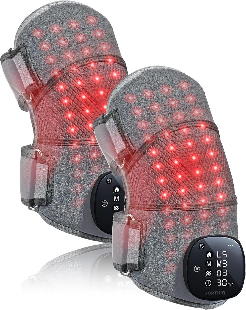 FORTHiQ RED+ Knee Massager with Heat and Red Light Therapy for Pain Relief, Knee Brace with 2 Wavelengths, 3 Massage & 4 Pulsing Modes, 5 Heat Levels, 52 Lights, FSA-HSA Eligible, 2 Pieces