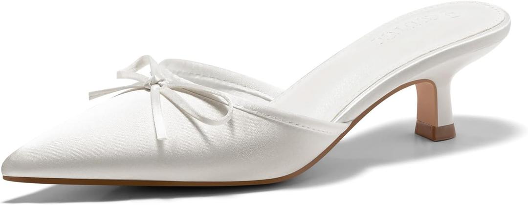 Coutgo Womens Kitten Heels Mules with Bow Satin Slip on Pumps Closed Pointed Toe Dress Wedding Party Shoes (8.5, White)