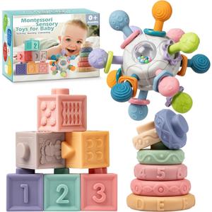 SpringFlower 3 in 1 Montessori Toys for Babies 0-3-6-12 Months, Rattle Teether & Baby Blocks & Soft Stacking Rings, Sensory Developmental Education Toys,Gift for Toddler Baby 0-3-6-12-18 Months