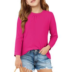 Haloumoning Girls Long Sleeve Tees Kids Casual Crewneck Pleated T Shirts Cute Fall Tops 5-14 Years Rose Red