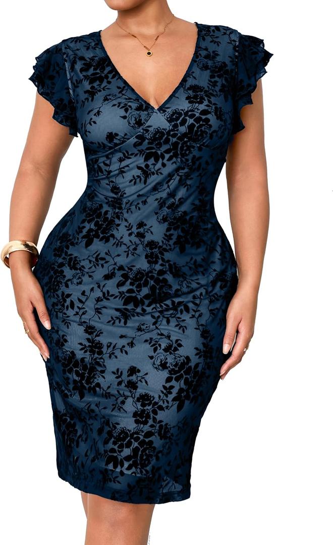 RWJ Plus Size Wedding Guest Dresses for Women 2026 Spring Summer V Neck Floral Bodycon Mesh Evening Cocktail Party Dress, Size 2 XL