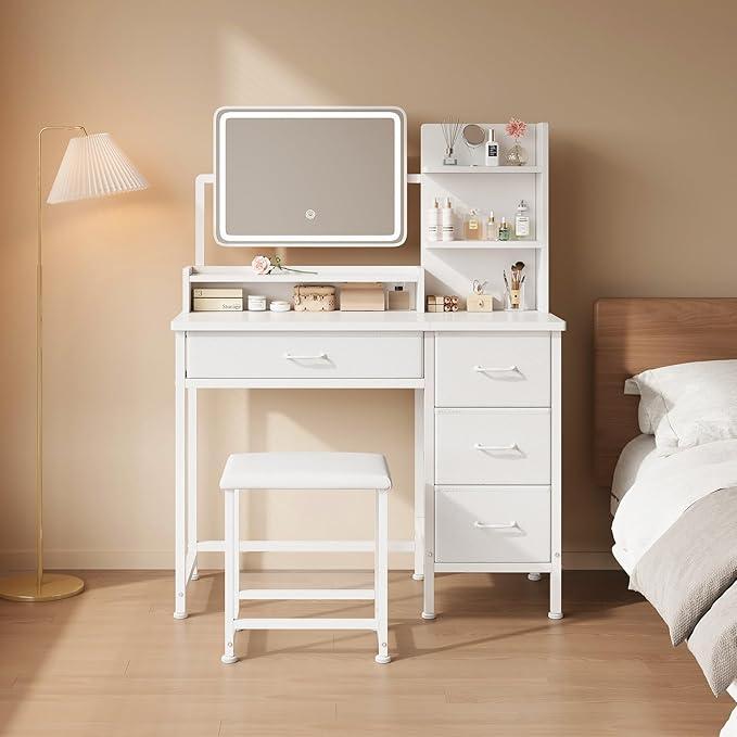 YeTom Vanity Desk with Mirror and Lights, Makeup Vanity Desk with 4 Fabric Drawers & Storage Shelvs & Chair, 3 Color Modes & Adjustable Brightness, White Vanity, Vanity Set, Bedroom Furniture