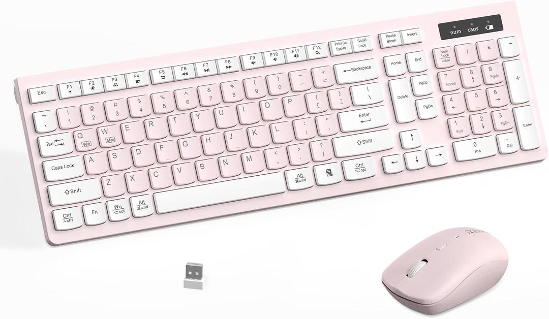 Wireless Keyboard and Mouse Combo, Reccazr 2.4G FullSized Keyboard and Mouse Cordless, 3 DPI Adjustable Mouse, DualSystem Keyboard for Computer/Laptop/Windows/Mac (Pink & White)
