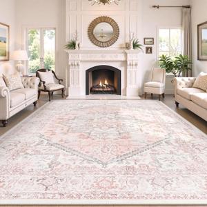LIVEBOX Pink 10x14 Area Rug, Extra Large Vintage Area Rugs for Living Room Boho Soft Low Pile Non Slip Rug, Retro Non Shedding Indoor Carpet for Bedroom Dining Room Under Table (10 x 14 ft, Medallion Pink)