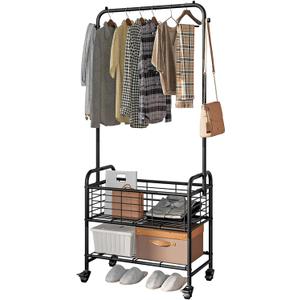 SUOERNUO Laundry Cart with Hanging Rack Rolling Laundry Hamper Sorter with Wheels Shelf,Black (1 bag)