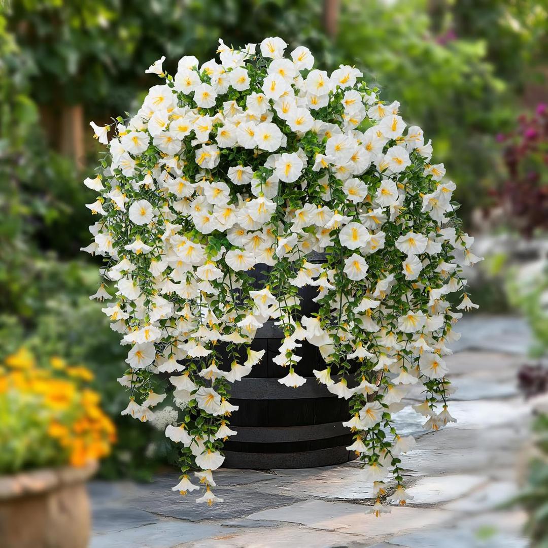 2Pcs Outdoor Faux Hanging Flowers Artificial Morning Glory with Eucalyptus Leaves UV Resistant Look Real Fake Plants for Outside Planter Porch Patio Balcony Yard Decor(White)