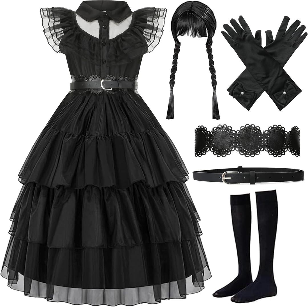 Girls Black Princess Halloween Costume Halloween Dress Up Cosplay Party Outfit for Girls Kids with Wig Belts Golves (9-10Y)