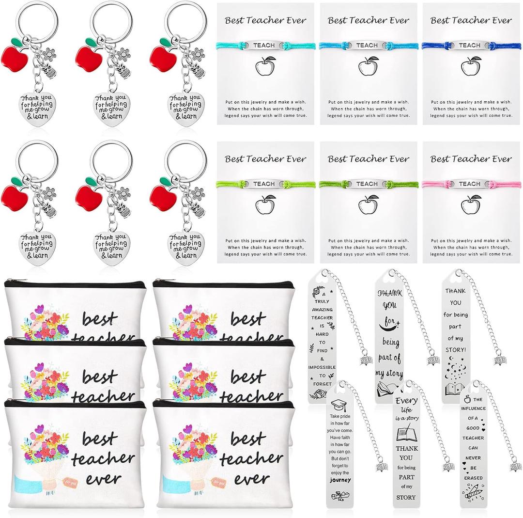 LEIFIDE 24 Pcs Teacher Appreciation Gifts Set, Thank You Gifts for Women Teachers, Teacher Cosmetic Bag with Blessing Card Bracelet Bookmarks Keychain for Appreciation Week Graduation