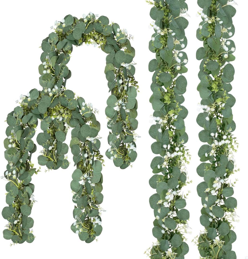 CQURE 4 Pack 5.9Ft Eucalyptus Garland,Artificial Eucalyptus Flowers Leaves Table Greenery Garland Wreath Vines for Wedding Party Table Fireplace Bedroom Wall Room Decor (23.6 Ft)