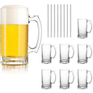 QAPPDA Beer Mugs Set,Glass Mugs With Handle 16oz,Large Beer Glasses For Freezer,Beer Cups Drinking Glasses 500ml,Pub Drinking Mugs Stein Water Cups For Bar,Alcohol,Beverages Set of 8 KTZB02