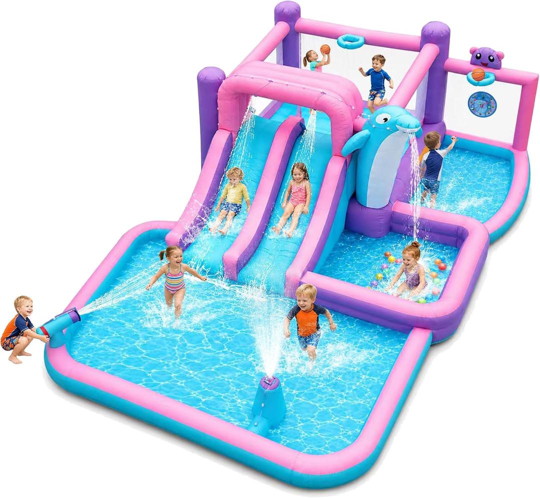 Inflatable Water Park Double Slide Bouncy House with Splash Pool, Water Gun, Basketball, Climbing Wall, Dual Pools for Outdoor Party,164 * 238 * 67 inches with 520W Blower Ages 3-12, Large