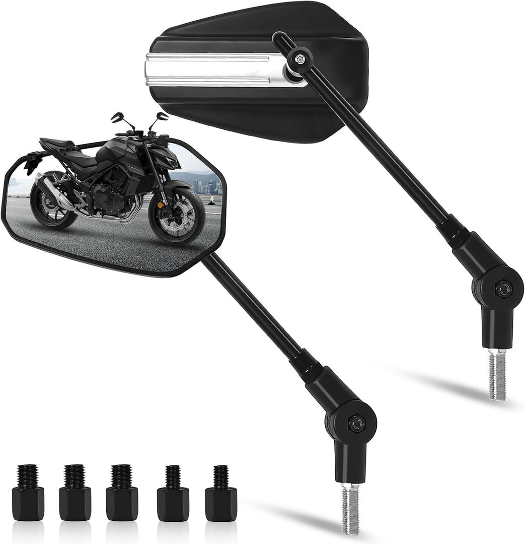 Motorcycle Mirrors for Handlebars - Long Stem Double Adjustment Motorcycle Rearview Mirrors Compatible with Street Dirt Bike Quad Adventure Scooter Ebike