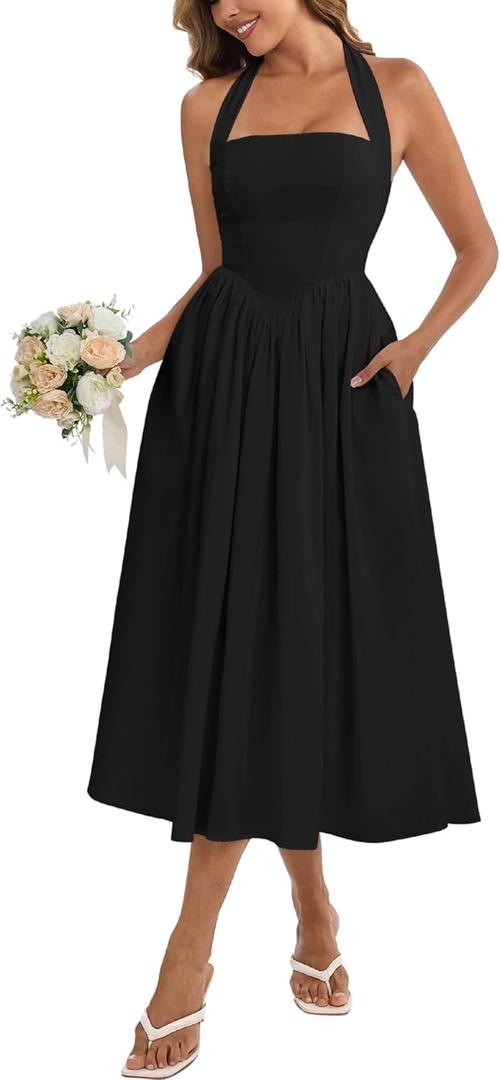 Parthea Women's Floral Halter Corset Midi Dress 2026 Elegant Smocked Flowy Wedding Guest Dresses with Pockets (X-Large, Black)