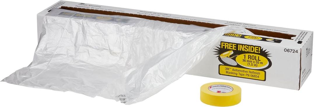 3M Plastic Sheeting With 388N Yellow Masking Tape (36 mm), 06724, Tear Resistant, Easy To Cut, Durable, 16 ft x 400 ft