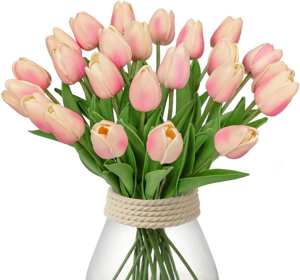 24 Pink Tulips - Artificial Flowers - 13.5" Faux Tulips for Mother's Day, Vase, Centerpieces, Home, Wedding Bouquet (24pcs Gradient Peachy)