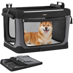 Feandrea Collapsible Dog Crate, 30-Inch Portable Dog Travel Crate for Medium Dogs, Oxford Fabric Pet Carrier with 4 Mesh Doors, Handles, Storage Pocket, Water Bottle Holder, Ink Black UPDC017B01