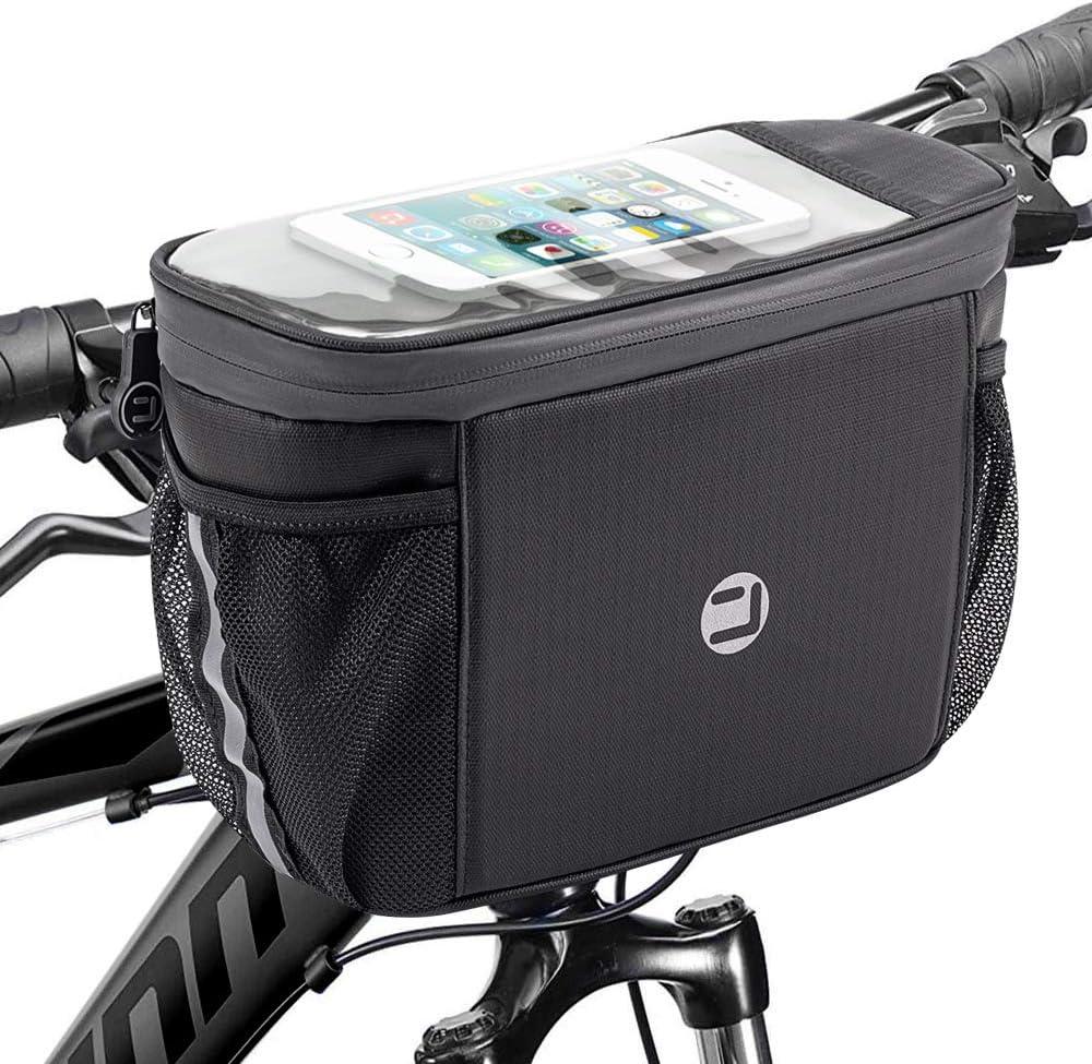 WOTOW Bike Handlebar Insulated Bag, Bike Front Phone Bag Cooler Storage Pouch With TPU Touch Screen Insulation Bicycle Frame Bag Strap On Cycling Accessories for Outdoor Hiking Travel Assistants (Black)