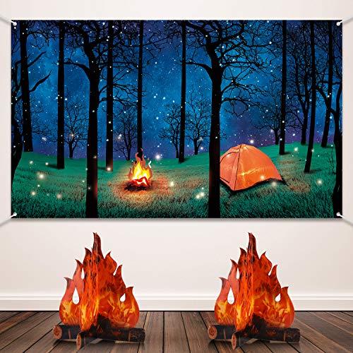 Forest Scene Camping Backdrop Photography Background Campfire Photo Backdrop and 2 Sets 3D Decorative Cardboard Campfire Centerpiece Artificial Fire Party Decoration for Camping Theme Party