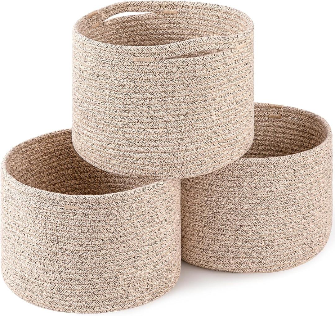 OIAHOMY Small Storage Baskets for Organizing,Closet Cube Shelf Storage, 9.89.87.1, Woven Cotton Rope Gift Baskets for Nursery,Cute Dog Toy bins, Round 3 Packs, Brown