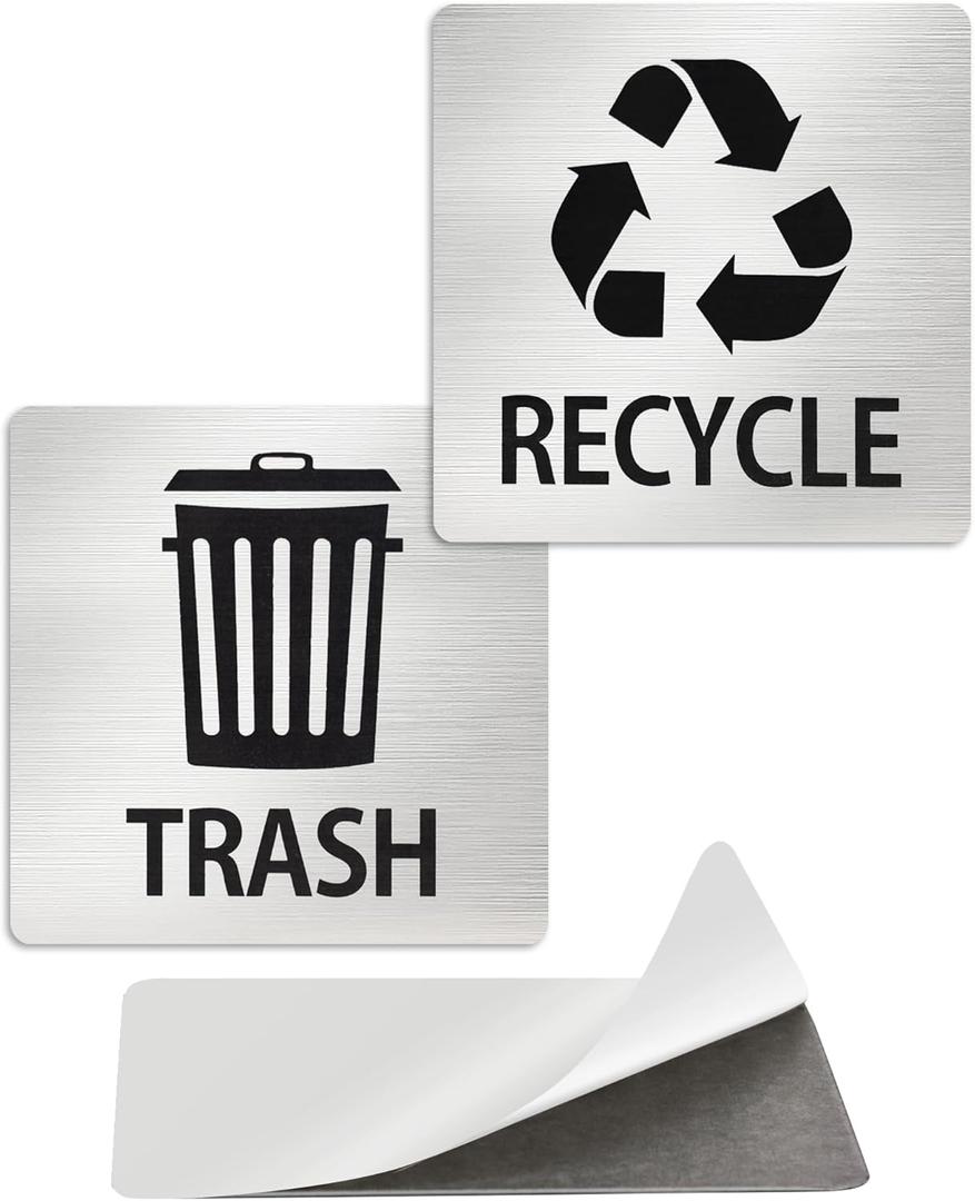 Heavy-Duty Aluminum Recycle and Trash Signs  2-Pack Metal Self-Adhesive Signs for Kitchen Cans, Garbage Bins, and Outdoor Waste Containers, Weatherproof & UV Resista