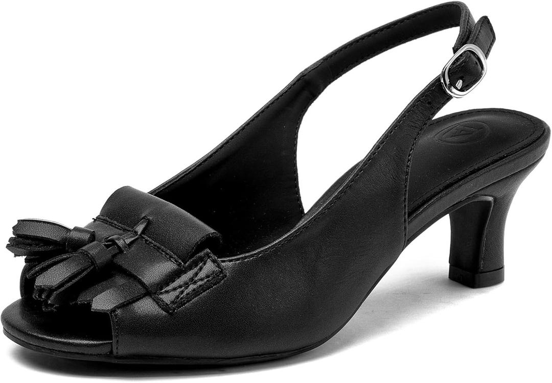DADAWEN Women's Slingback Kitten Heels Tassels Peep Toe Pumps Wedding Party Dress Shoes (6, Black)